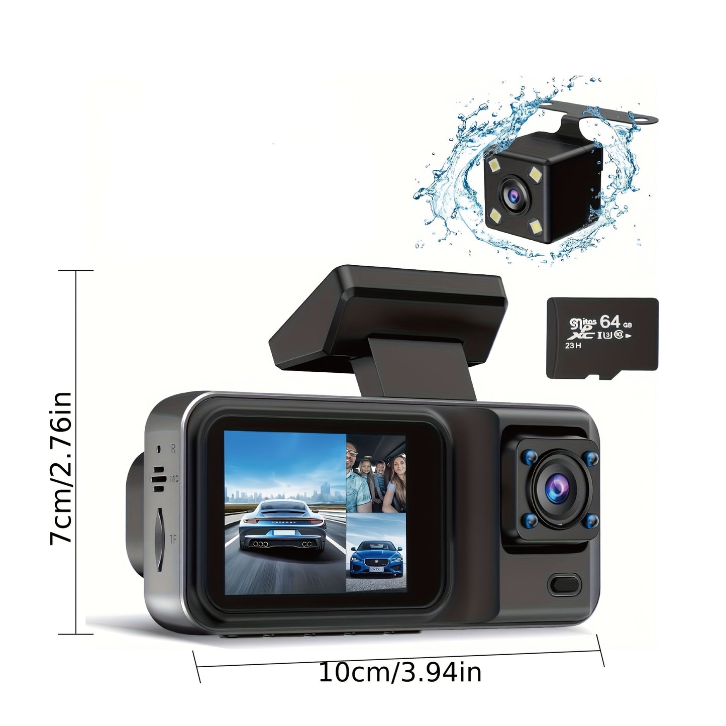 3 Channel Dash Cam Front Rear & Inside 1080P+1080P+1440P – Free 64GB SD Card, Super Night Vision, Loop Recording, G-Sensor, Motion Detection & 24-Hour Parking Mode