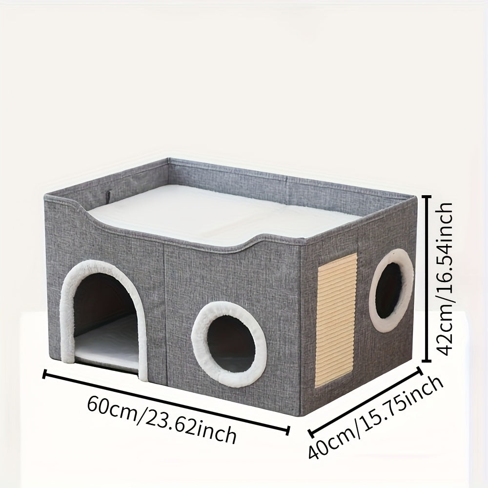 Foldable 2-Tier Cat House with Scratching Post, Plush Hanging Ball & Tunnel – Indoor Cat Cube Bed, Nylon Frame Canvas Construction, Space-Saving 16.5x16.5x13 Inch Design for Small Spaces