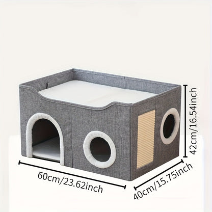 Foldable 2-Tier Cat House with Scratching Post, Plush Hanging Ball & Tunnel – Indoor Cat Cube Bed, Nylon Frame Canvas Construction, Space-Saving 16.5x16.5x13 Inch Design for Small Spaces