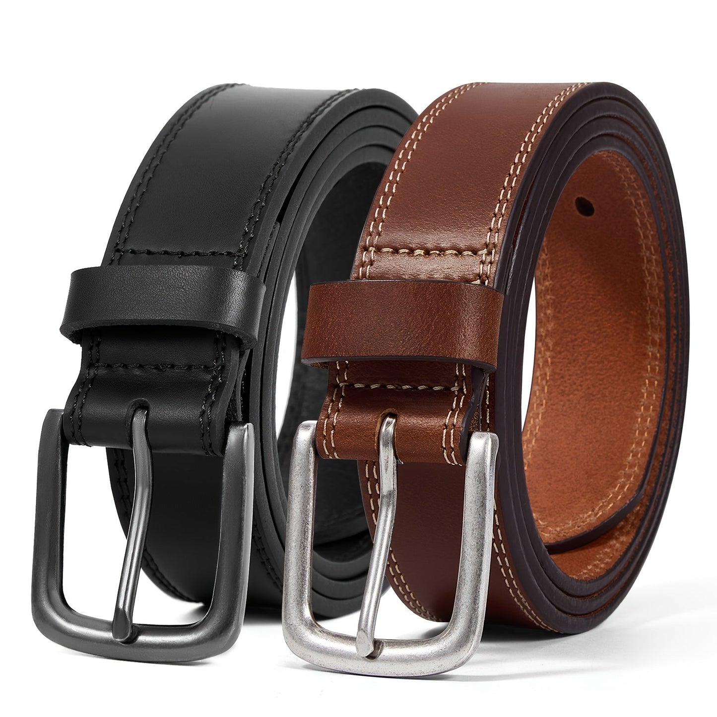 2-Pack Men's Genuine Leather Belts Gift Set – Handmade with Zinc Alloy Buckle, Sizes 30-50, Perfect for Daily Jeans, Father's Day, Christmas & Thanksgiving