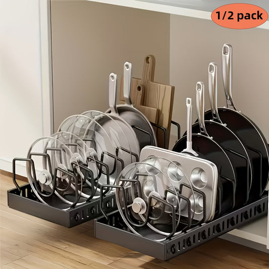 Pull Out Pot & Pan Organizer Rack for Under Cabinet – Slide Out Lid Holder with 8 Adjustable Compartments, Drill-Free Install, Kitchen Cabinet Cookware & Baking Sheet Organizer – 1pc or 2pcs