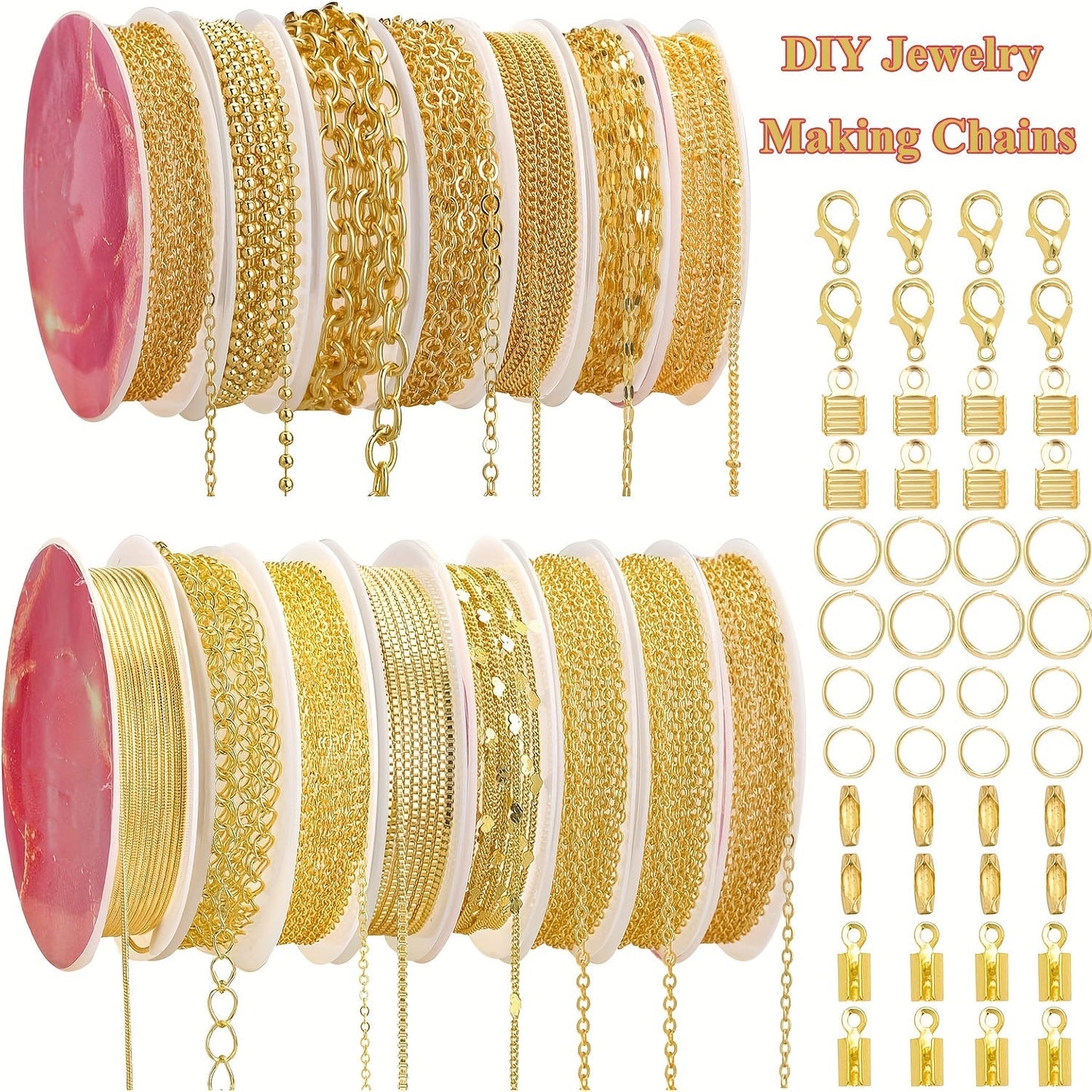 304 Stainless Steel Chain Jewelry Making Kit 10 or 15 Rolls 74-75 Feet with Lobster Clasp Toggle Clasp Set for DIY Bracelets Necklaces Anklets Handmade Jewelry Supplies Gold Rose Gold