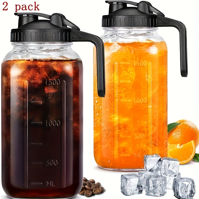 64oz Mason Jar with Handle & Lid – BPA-Free High Borosilicate Glass Beverage Carafe, Leak-Proof, 2/3 Pack, for Sports Outdoor Juice Water Kombucha, Holiday Gift