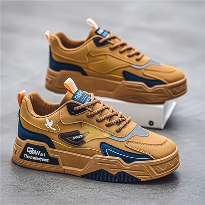 Men's Thick Sole Skateboard Shoes Trendy Low-Top Canvas Sneakers for Sports Leisure Travel Khaki Black Sizes US 6.5-11.5