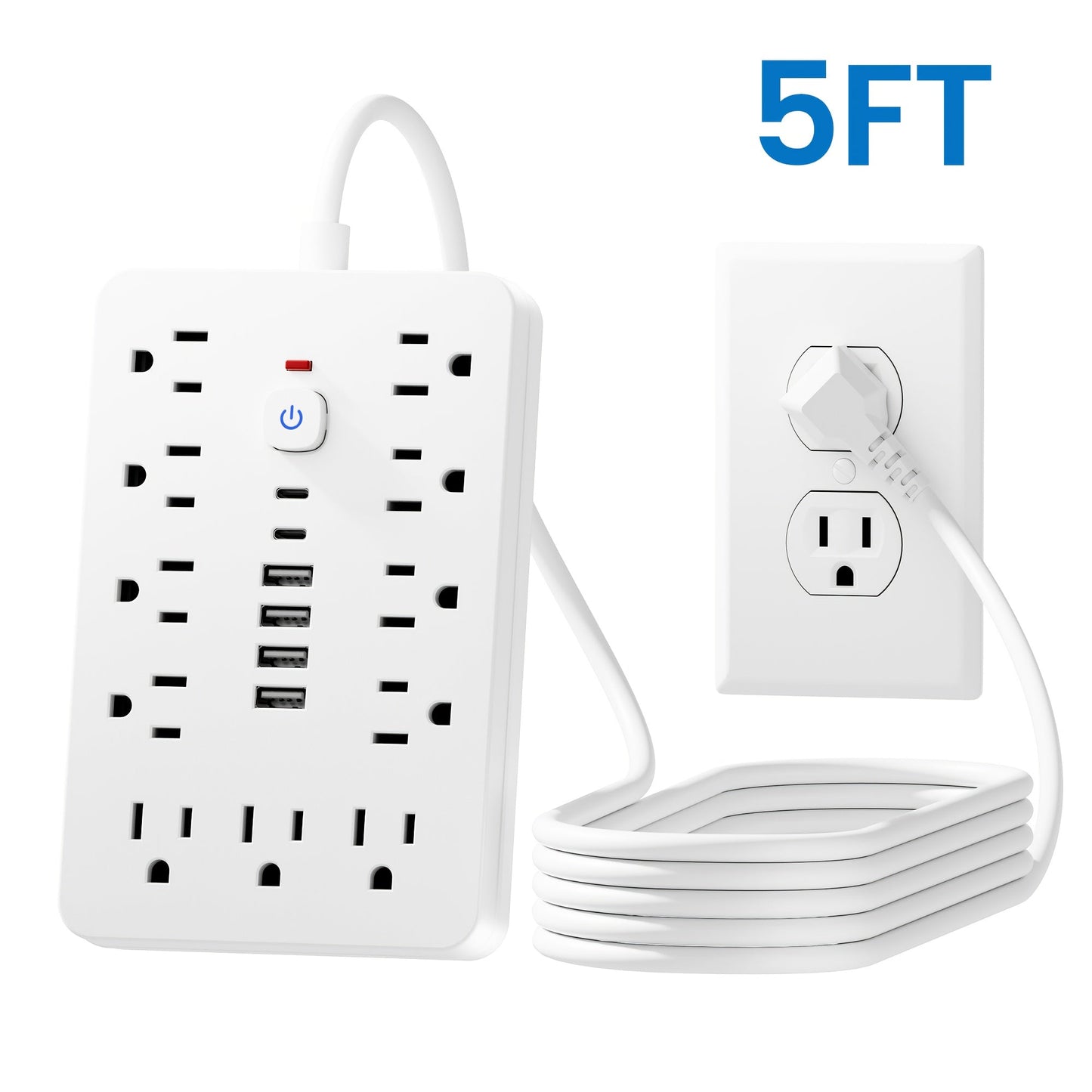 Surge Protector Power Strip 11 AC Outlets | 4 USB-A & 2 USB-C Ports, Overload Protection, Short/5FT/10FT Extension Cord – Multi-Outlet Power Socket for Home, Office, Desk & School – White & Black