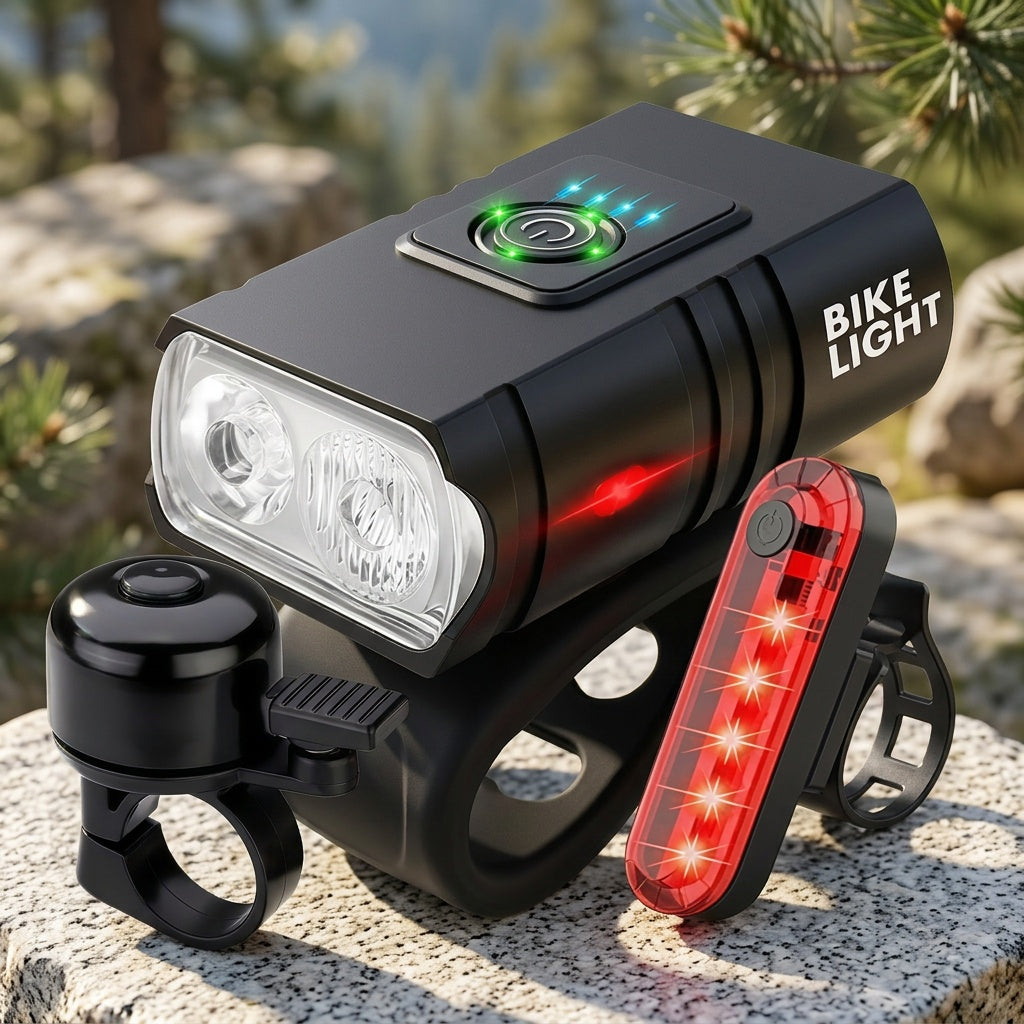 Super Bright USB Rechargeable Bike Light Set – LED Front Headlight 1200mAh & Rear Taillight 330mAh, 6+4 Modes, 180° Wide Beam, Safety Bell Included, for Mountain Road & Night Cycling