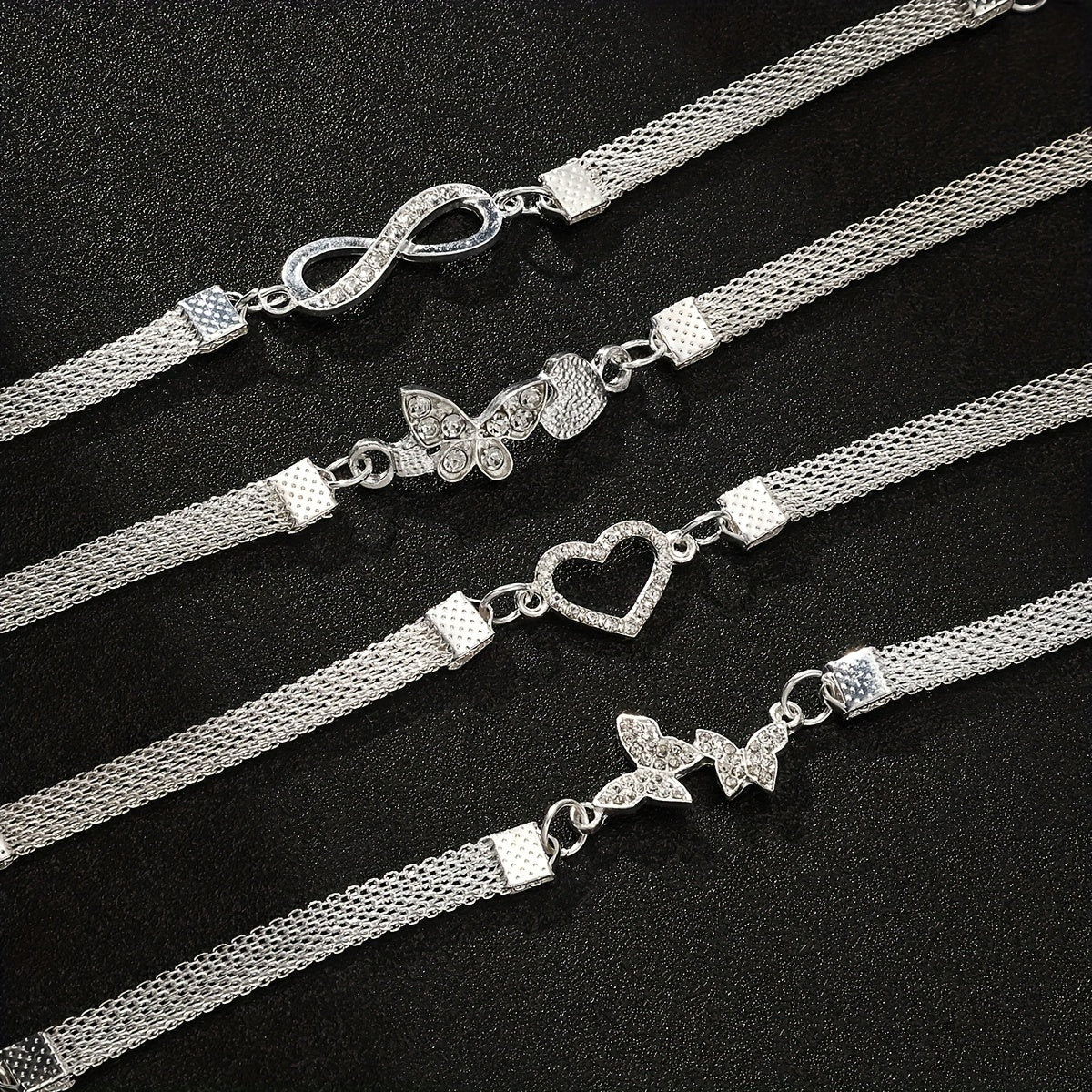 925 Silver Butterfly Infinity Anklet Set 4pcs – Stackable Foot Chain Bracelet for Women, Elegant Summer Jewelry, Mother's Day & Birthday Gift