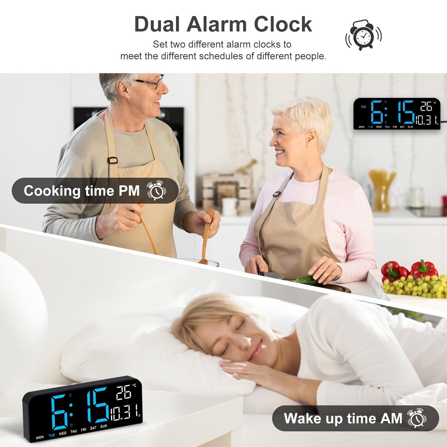 Large Screen LED Alarm Clock 15 Inch Auto-Dimming with Remote Control | Digital Clock Time Date Week Temperature Humidity Timer | Bedroom Bedside Senior-Friendly Living Room Office Desk