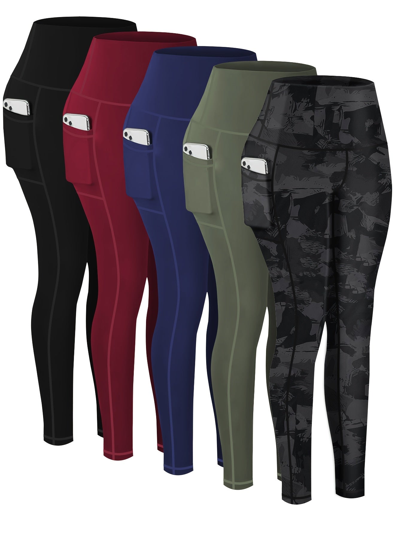5-Piece Women's Printed Compression Yoga Pants – 7/8 Nine-Point Fitness Running Leggings with Leopard Camo & Solid Patterns, High-Waist Athletic Tracksuit Bottoms for Gym Workout, S-XXL