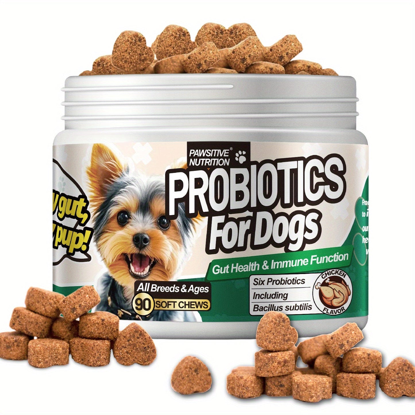Dog Digestive Health Probiotic Soft Chews 90 Count Chicken Flavor - Supports Gut Health All Breeds Sizes Daily Supplement 1 Bottle or 3 Bottle Pack