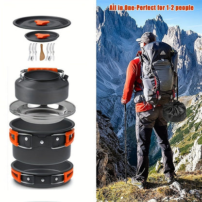 Portable Camping Cookware Set for 2-3 People – Nonstick Pot, Frying Pan & Kettle with Foldable Storage, Lightweight Outdoor Camp Kitchen Kit for Hiking, Backpacking & Travel