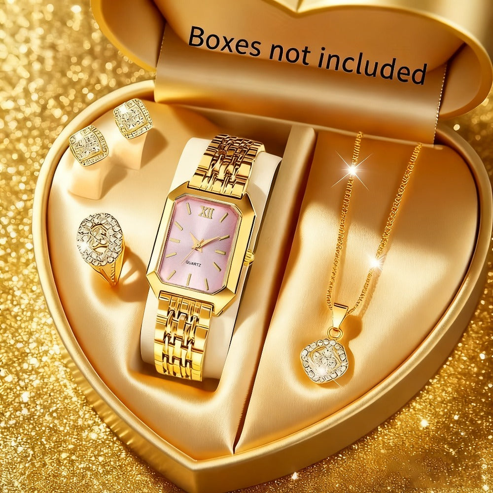 Women's 5-Piece Golden Tone Quartz Watch & Jewelry Set – Square Dial Watch with Matching Necklace, Earrings & Ring, Elegant Gift Set for Parties, Weddings & Special Occasions, 3 Colors