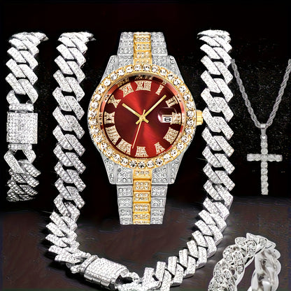 Men's Hip Hop Watch & Jewelry Set - Cuban Chain Pendant Necklace Bracelet Combo, Trendy Bling Accessories for Men, Perfect Gift for Christmas Birthday Valentine's Day Father's Day