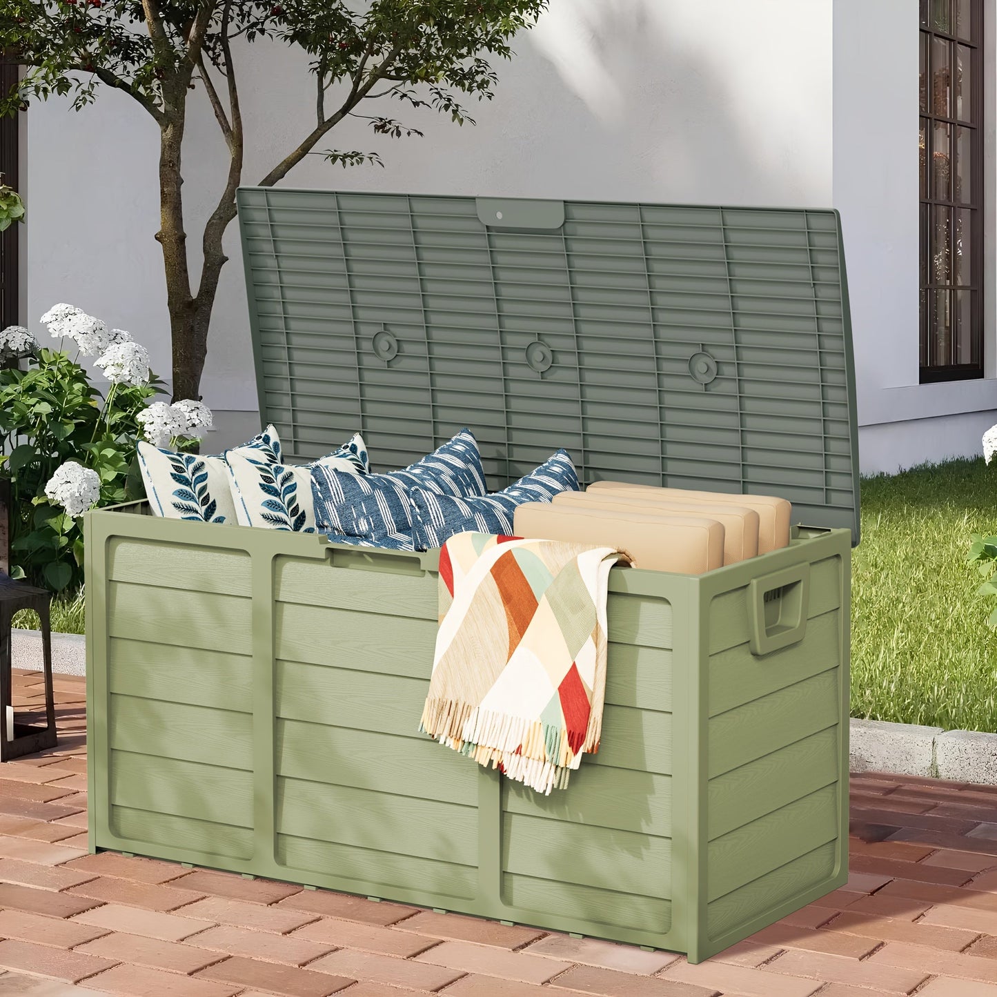 75 Gallon Resin Outdoor Storage Box with Handles Deck Box for Pool Accessories Garden Tools Camping Gear