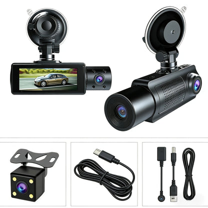 3-Channel Dash Cam with Infrared Night Vision & Smartphone App – Front, Rear & Interior Car Camera with Loop Recording, Wide Angle Lens, Optional 64GB/512GB Memory Card for Cars, Trucks & Rideshare
