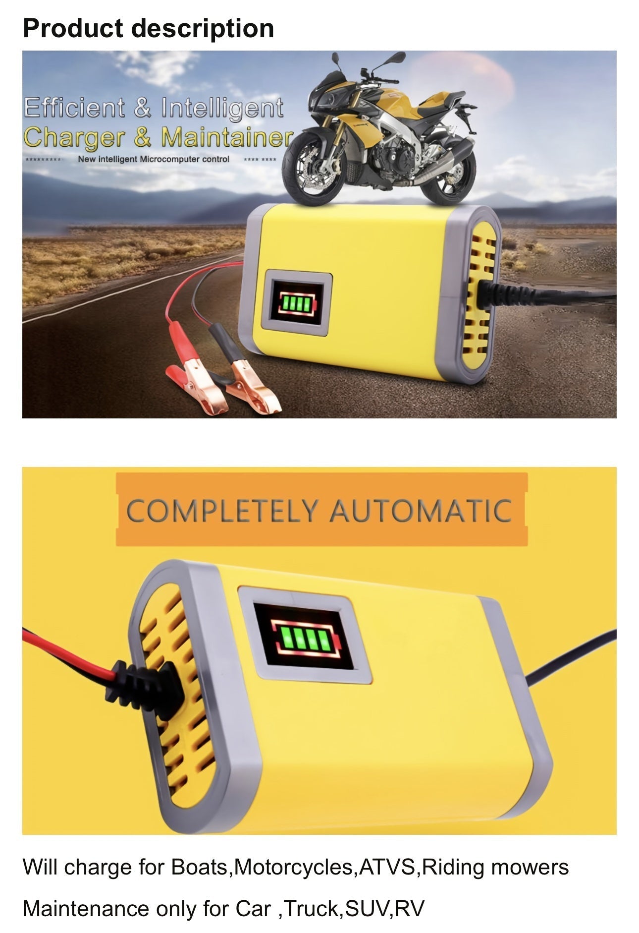 12V Smart Car Battery Charger and Maintainer, Intelligent Trickle Charger with Desulfurization & Temperature Compensation for 2Ah-100Ah Batteries – Compatible with Car, Truck, Motorcycle & Lawn Mower