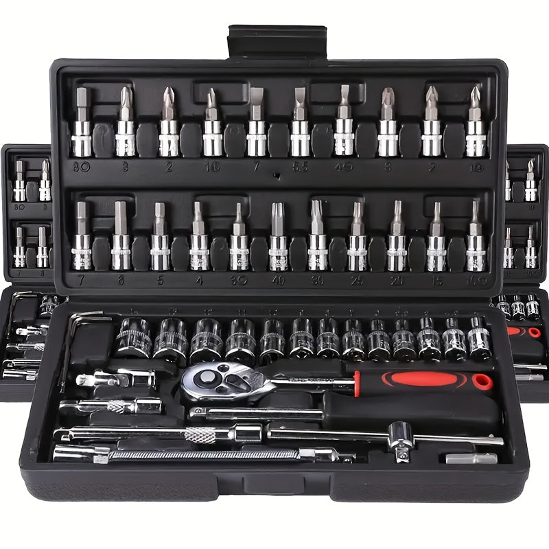 46pcs Home & Car Repair Tool Set – Ratchet Torque Wrench, Screwdriver & Socket Kit for Car, Motorcycle, Bicycle & Household Repairs