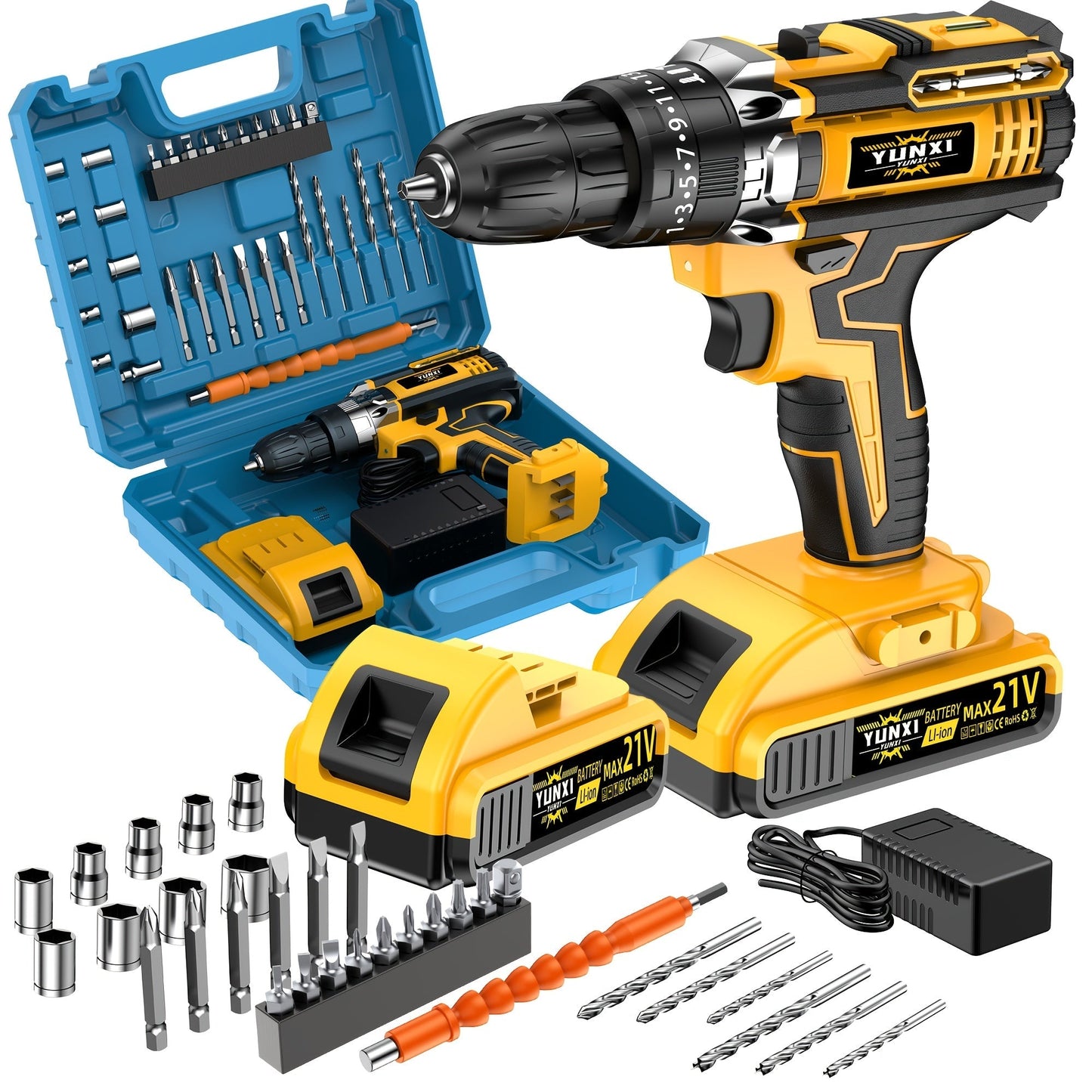 21V Cordless Impact Drill Set 2.0Ah Battery & Fast Charger with Work Light Speed & Torque Adjustment Electric Screwdriver Combo – Optional Storage Box for Car & Home Repair DIY Men's Gift