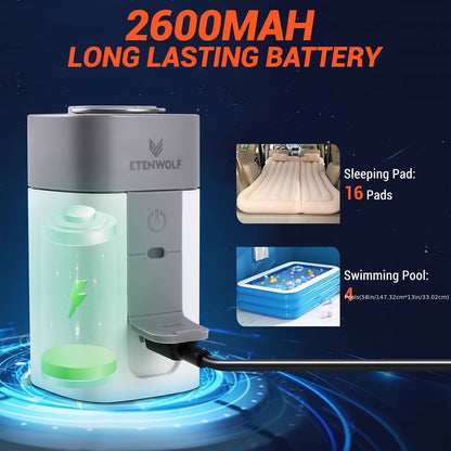 Portable Electric Air Pump 2600mAh USB Rechargeable – Super Fast Inflation for Air Mattress, Swimming Ring, Vacuum Storage Bags & Sleeping Bags, Compact Lightweight Camping Outdoor Pump
