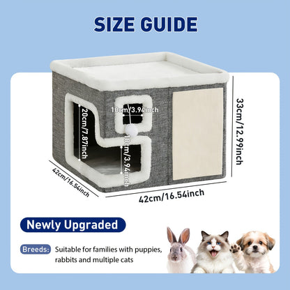 3-in-1 Cat House Indoor Condo – Luxury Wooden Ottoman Style Cat Bed Sleep Play & Scratch, Multi-Cat Friendly Large Cat Cave Hideaway Cube Furniture, Light Gray Standard & Large