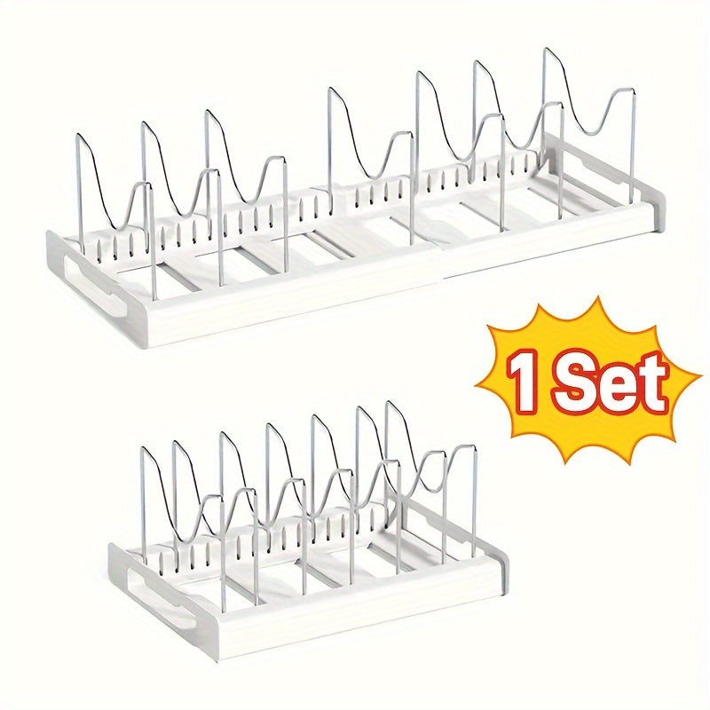 Adjustable Pots and Pans Organizer Rack – Expandable Bakeware Organizer with Dividers & Pot Lid Holder, Under Cabinet or Countertop Kitchen Storage for Pots, Pans, Lids & Bakeware, White Metal