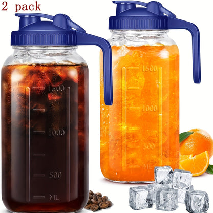 64oz Mason Jar with Handle & Lid – BPA-Free High Borosilicate Glass Beverage Carafe, Leak-Proof, 2/3 Pack, for Sports Outdoor Juice Water Kombucha, Holiday Gift