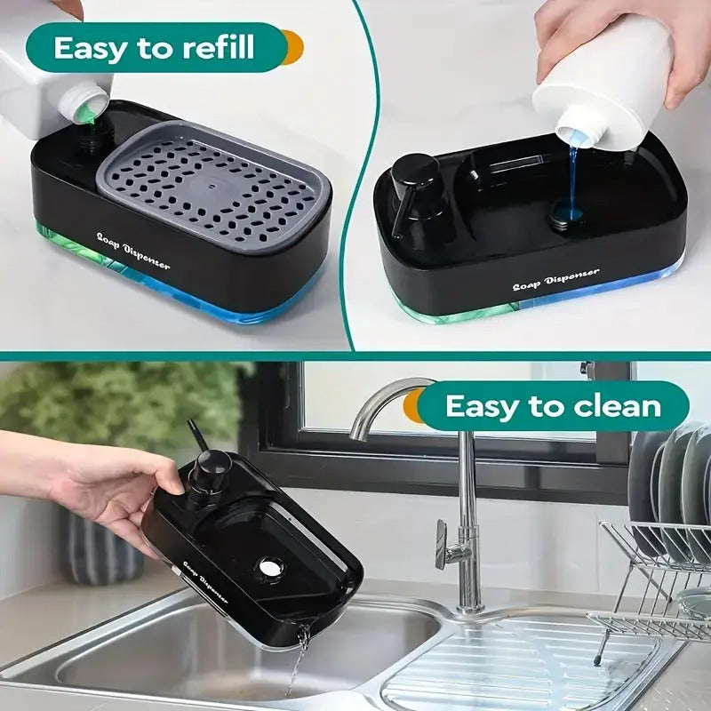 2-in-1 Soap Dispenser with Built-In Sponge Holder for Kitchen Sink – Countertop Pump Dispenser for Hand & Dish Soap, Detergent Dispenser, Easy Refill, Ideal Kitchen Organizer