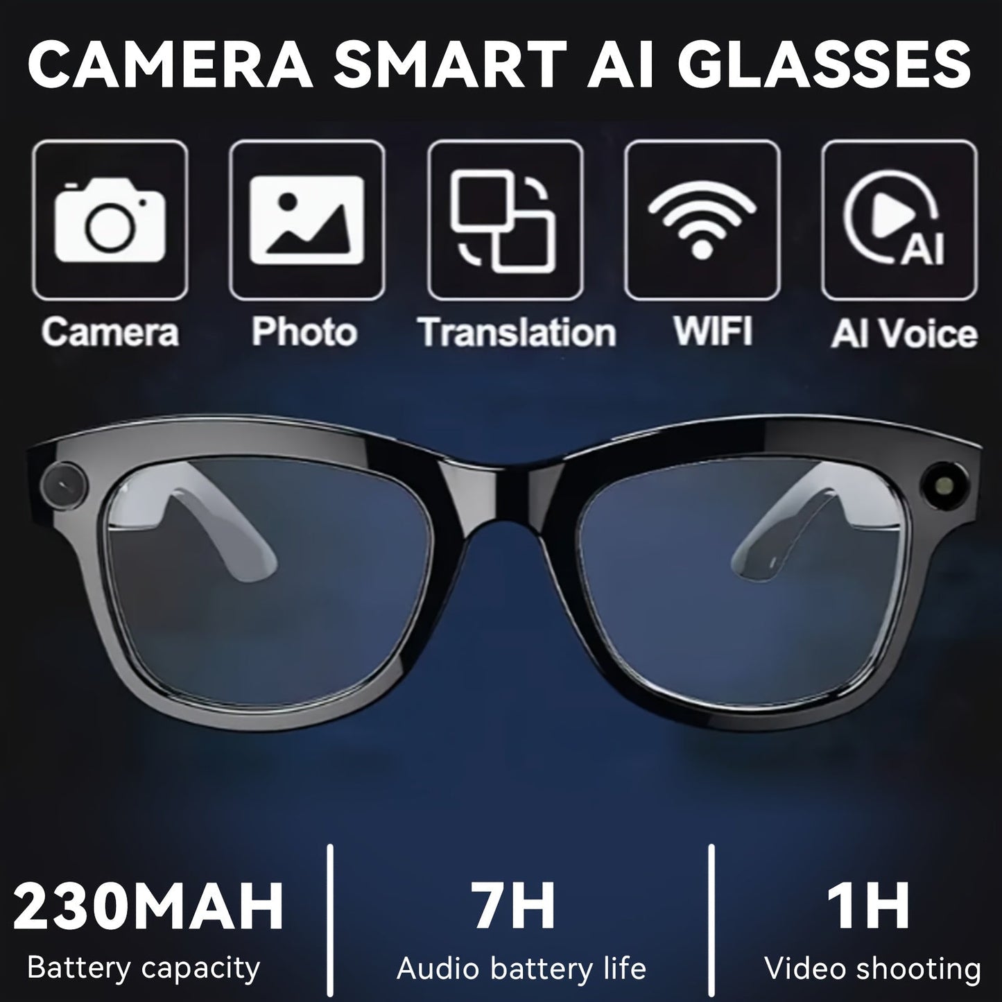 4K AI Smart Glasses with Camera – Real-Time Translation, Object Recognition, Open-Ear Audio, Touch Control, 8-Hour Battery, USB-C Charging, Ultra-Light for Outdoor, Work & Travel