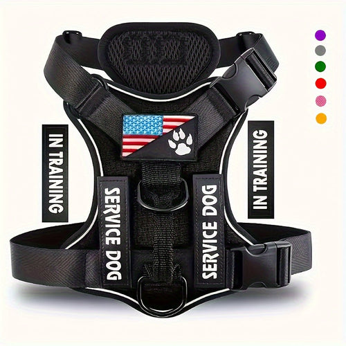 Service Dog Harness Vest with 5 ID Patches – Reflective Adjustable Oxford Vest with Breathable Mesh Lining, Service Dog ID System for Small Medium Large Dogs, Sizes XS-XL, Public & Mobility Aid