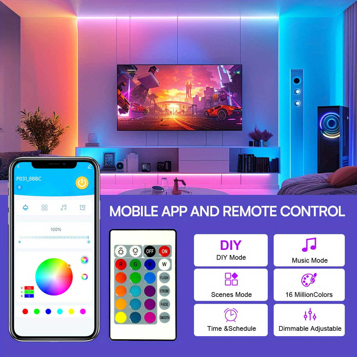 RGB LED Strip Lights Music Sync, 25FT 50FT 60FT 65FT 100FT Color Changing LED Lights with Remote & Smart APP Control, USB Powered, Bedroom Gaming Room Party Halloween Christmas Home Decoration