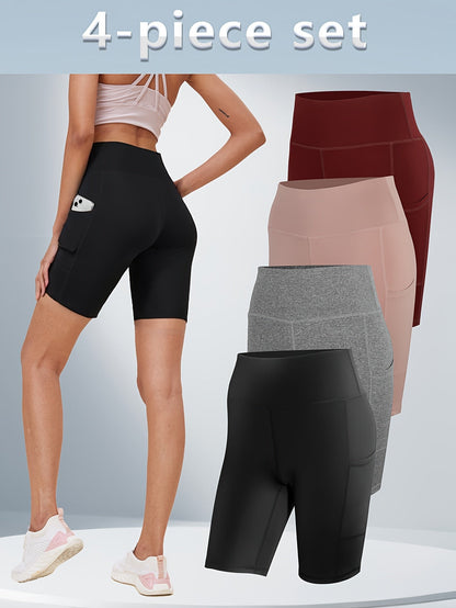 Women's High-Waisted Yoga Shorts 4-Pack Butt-Lifting 5-Pocket – Mid-Stretch Breathable Seamless Workout Shorts for Summer Yoga, Pilates & Gym Training (Red, Black, Gray, Navy Blue)