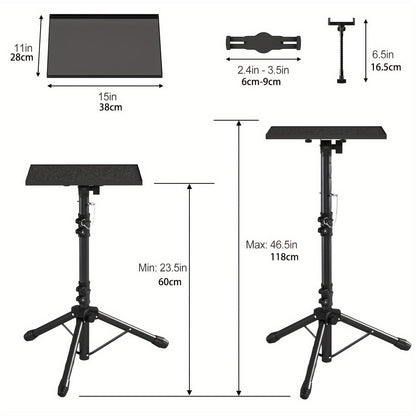 Projector & Laptop Tripod Stand – Height Adjustable with Gooseneck Phone Holder, 180° Tilt Tray, 22 lb Capacity, Portable Floor Stand for Office Home Stage Studio & DJ