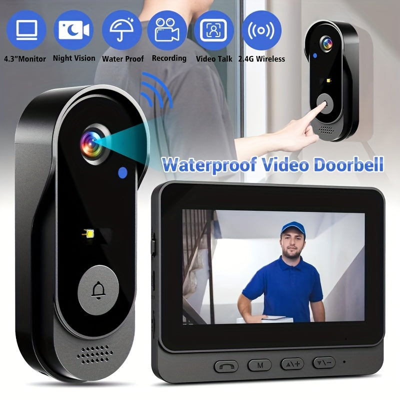 Wireless Video Doorbell Camera with Monitor, No Subscription HD Smart Doorbell with Night Vision, Two-Way Talk, 4.3-Inch Screen & 128GB Storage for Home Security