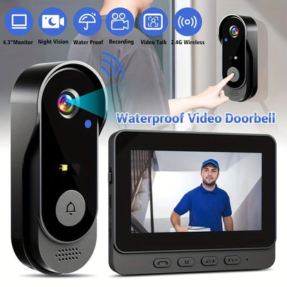 Wireless Video Doorbell Camera with Monitor, No Subscription HD Smart Doorbell with Night Vision, Two-Way Talk, 4.3-Inch Screen & 128GB Storage for Home Security