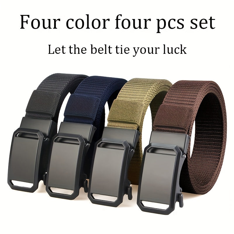 4pcs Nylon Belt Set with Automatic Buckle – Adjustable Unisex Casual Dress Belts for Jeans Work Pants Skirts Men Women Multicolor Combo Pack Black Blue Brown Gray Khaki Green