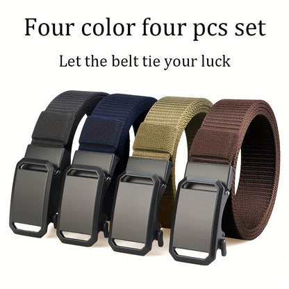 4pcs Nylon Belt Set with Automatic Buckle – Adjustable Unisex Casual Dress Belts for Jeans Work Pants Skirts Men Women Multicolor Combo Pack Black Blue Brown Gray Khaki Green