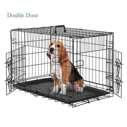 Folding Wire Dog Crate with Divider & Leak-Proof Tray – Double Door Collapsible Metal Kennel for Small, Medium & Large Dogs, Indoor, Outdoor & Travel Use