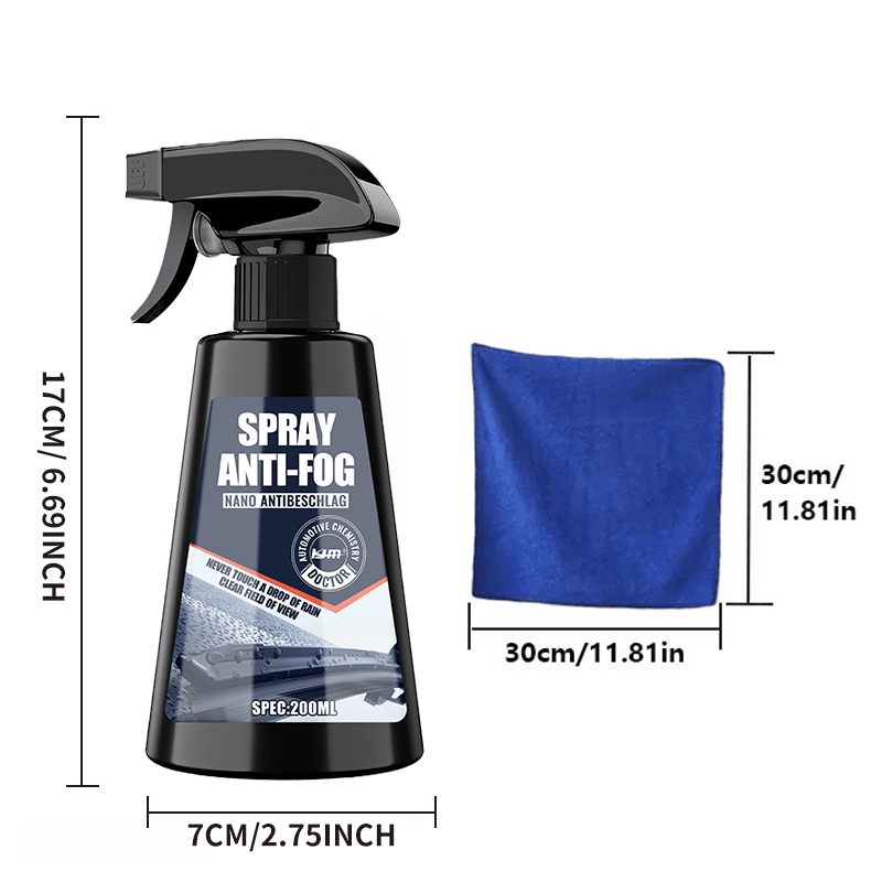 Long-Lasting Anti-Fog Spray with Towel – Car Windshield & Window Defogging Agent, Improves Clarity of Glass, Mirrors & Helmets, 6.76oz
