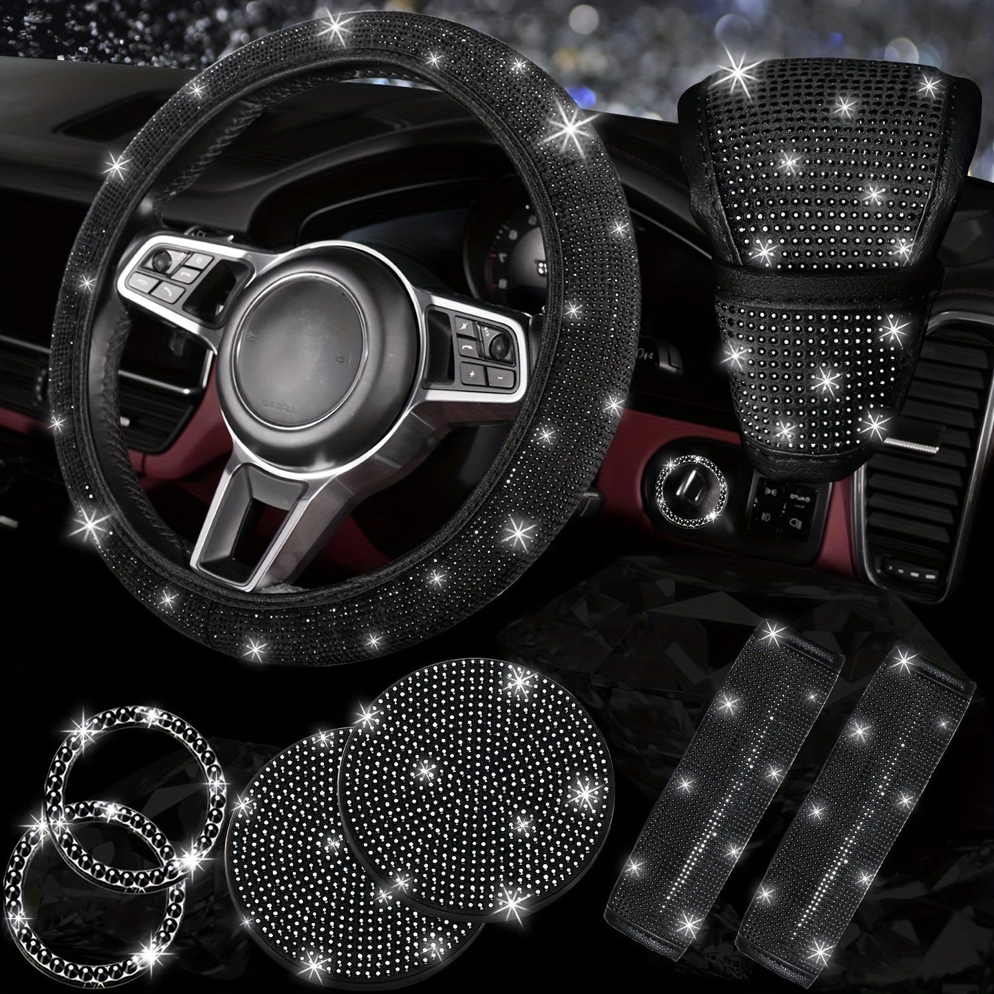 8pc Rhinestone Bling Car Accessories Set for Women – Steering Wheel Cover, Coasters, Seatbelt Pads, Starter Rings & Shift Knob Cover, 7 Colors, Sparkly Glitter Interior Kit