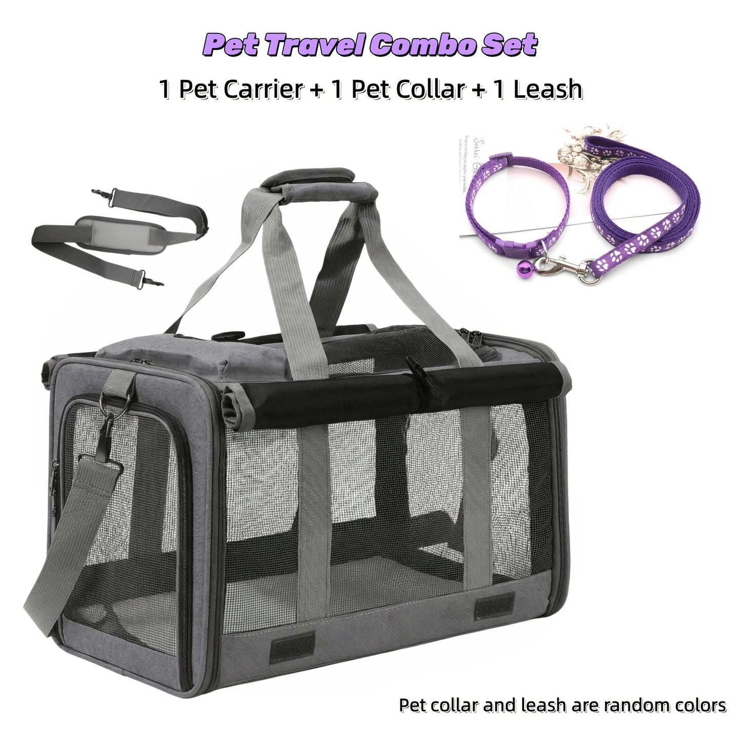 Airline Approved Soft-Sided Pet Carrier for Cats and Small Dogs - Breathable Collapsible Oxford Cloth Travel Crate with Privacy Cover Zipper Closure, Combo Set with Leash and Collar Included
