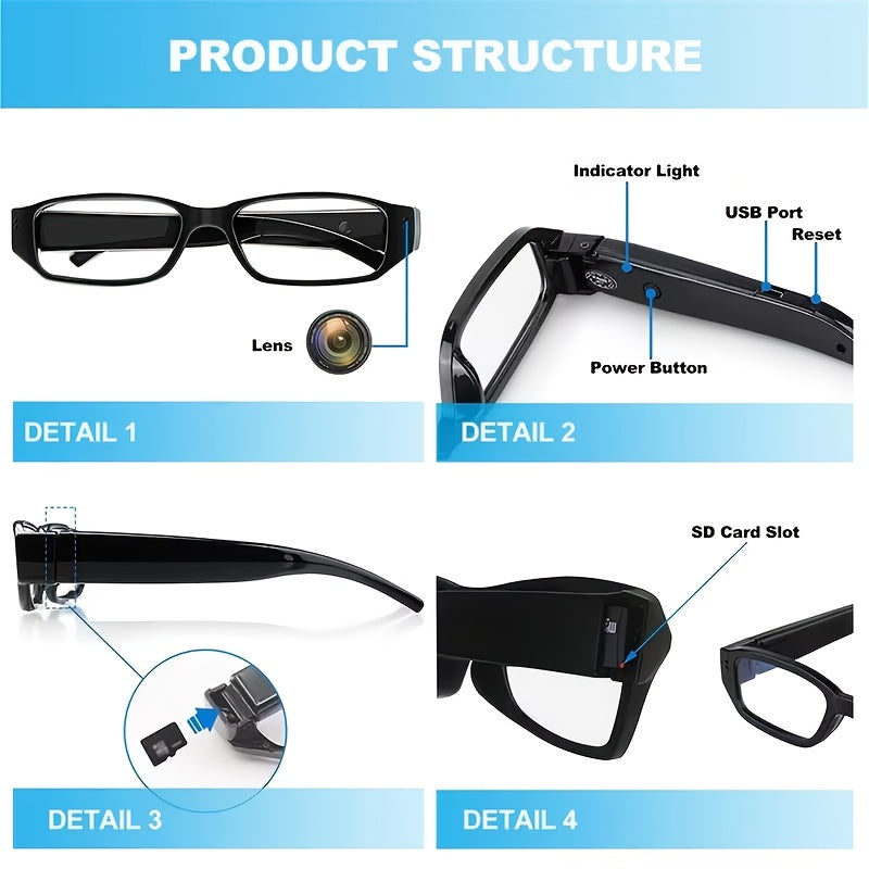 1080P HD Video Glasses Camera with TF Card Slot – Portable Digital Recorder, USB Powered, No Driver Required, for Sports, Outdoor Activities & Meetings, Includes 32GB TF Card