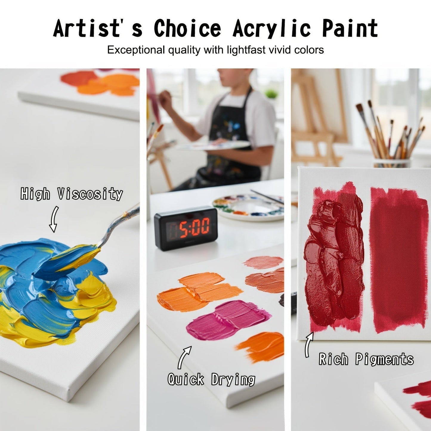 Acrylic Paint Set 24 Colors 2.03oz Each with 12 Art Brushes Premium Painting Supplies for Canvas Ceramic Fabric Wood Rich Long-Lasting Pigments for Beginners Hobbyists & Professional Artists