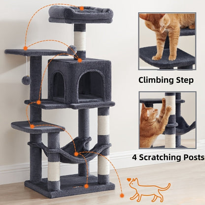 Multi-Level Cat Tree Tower 44-66 Inch with Hammock Sisal Scratching Posts Cozy Cave Perches Anti-Tilt Stable Cat Condo for Multi-Cat Families Kittens & Cats Gift