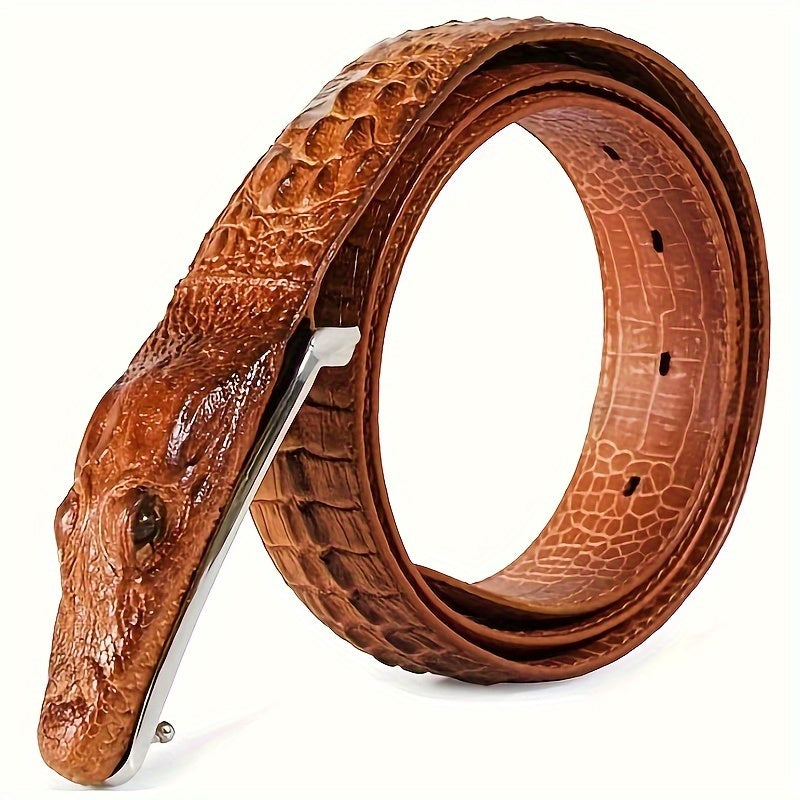 Men's Crocodile Pattern Embossed Belt – Two-Layer Cowhide Leather with Animal Design Buckle, Casual Dress Belt in Black, Brown & Yellow for 33"-44" Waist