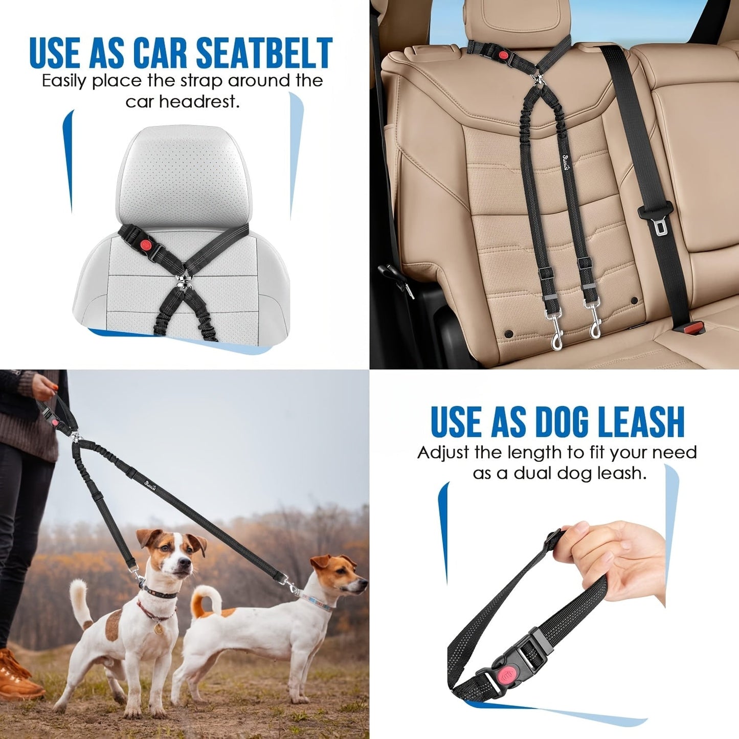 Dual Dog Car Seat Belt for 2 Dogs No-Tangle Headrest Restraint Adjustable Bungee Pet Safety Harness for Small Medium Large Dogs Car Travel
