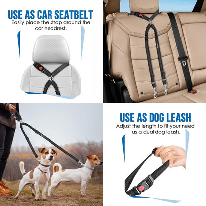 Dual Dog Car Seat Belt for 2 Dogs No-Tangle Headrest Restraint Adjustable Bungee Pet Safety Harness for Small Medium Large Dogs Car Travel