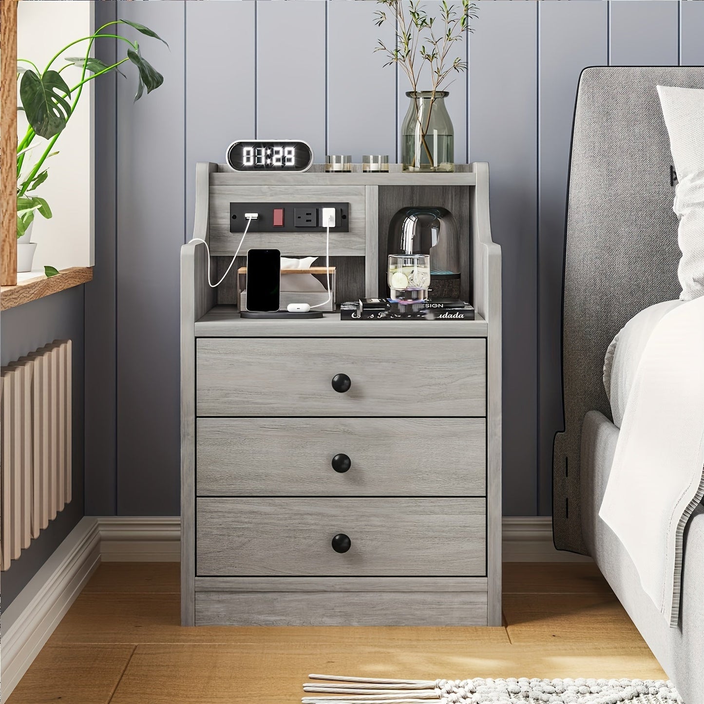 Nightstand with Charging Station – 2 USB Ports & 2 Outlets, Hutch & 3 Drawers, Bedroom End Table, Sofa Side Table for Living Room & Office, Gray or White