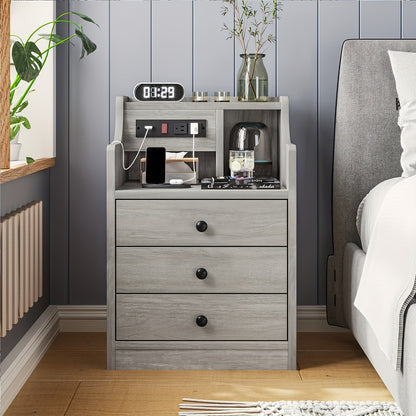 Nightstand with Charging Station – 2 USB Ports & 2 Outlets, Hutch & 3 Drawers, Bedroom End Table, Sofa Side Table for Living Room & Office, Gray or White