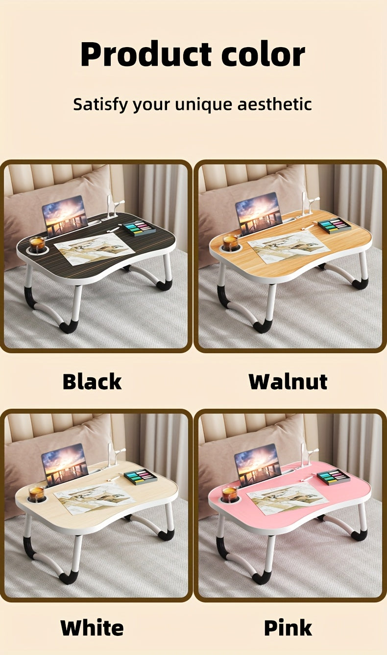 Foldable Laptop Desk Portable Bed Desk with Cup Holder and Tablet Slot Fiberboard Lap Desk for Work Study Drawing and Dining in Bed Sofa Floor Available in Black and Walnut