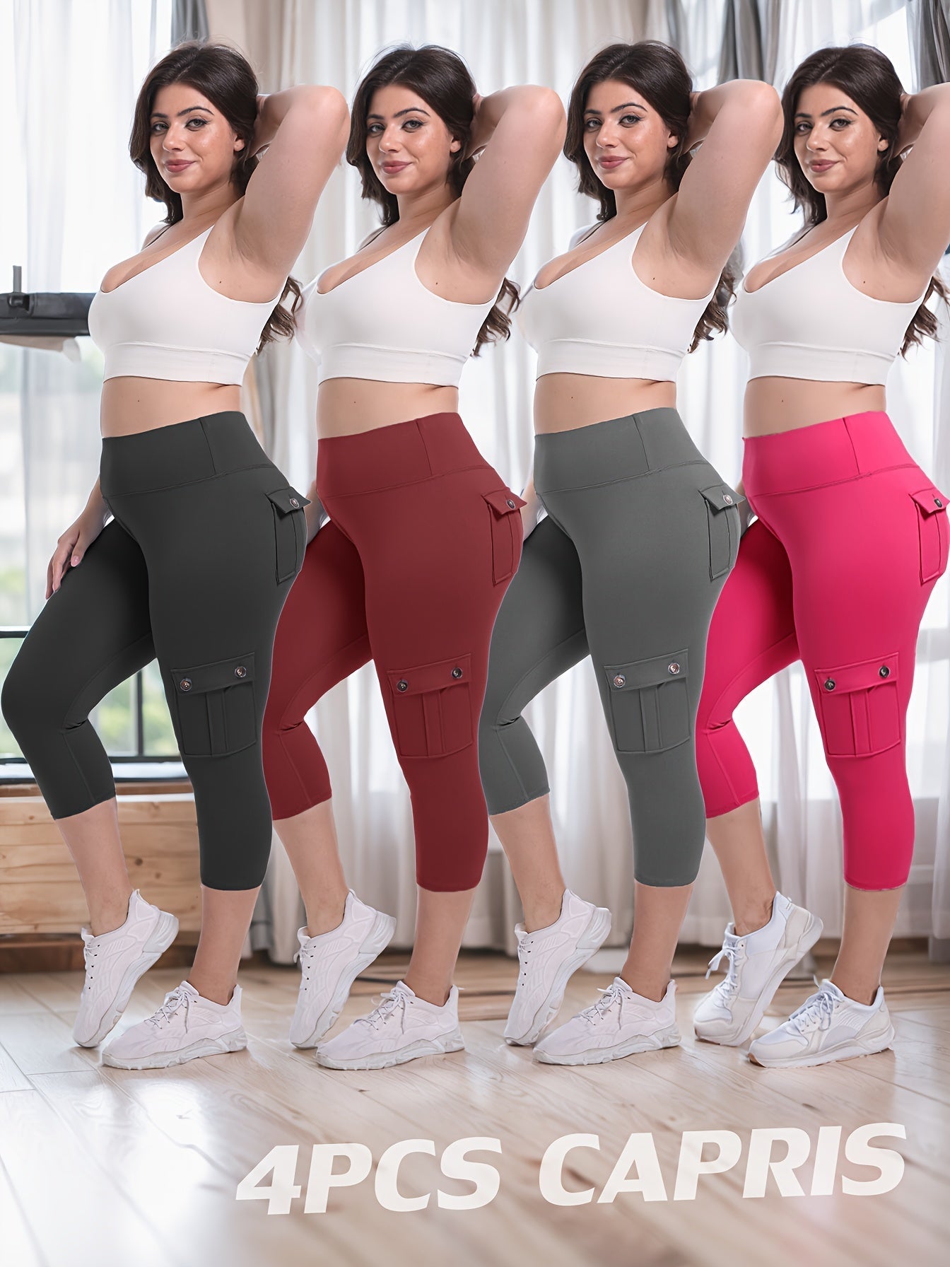 Women's High Waist Yoga Capri Pants 4-Pack 4-Way Stretch Butt Lifting Tummy Control 4 Pockets - Workout Running Sports Leggings S-XXL All Season